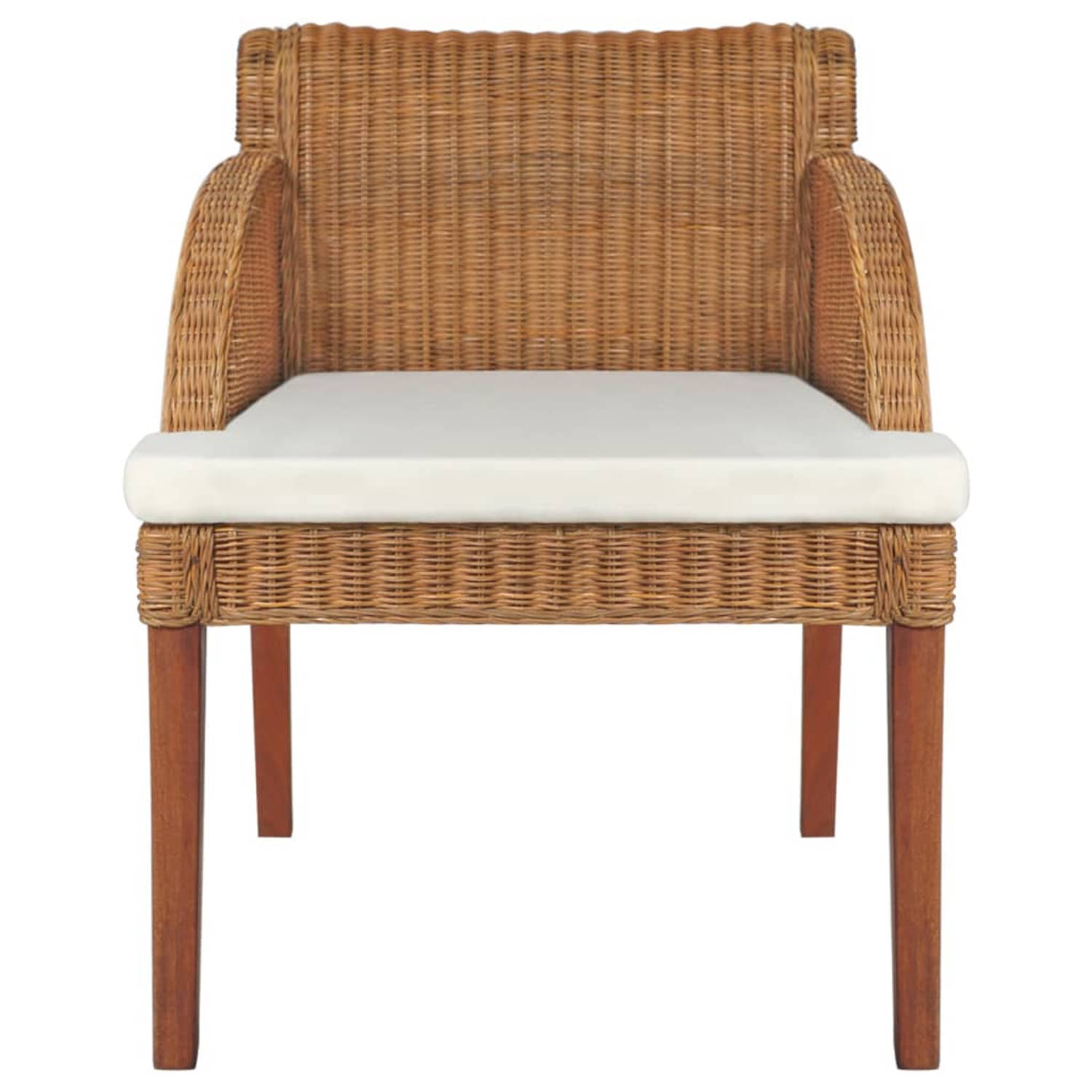 The Living Store Rattan Eetkamerstoel - Natuurlijk Rattan - 60x59x76cm - Lichtbruin - Crèmewit kussen