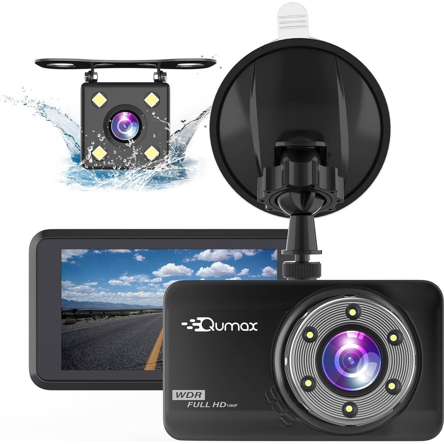 Qumax Dashcam voor auto – en Achter Camera – Full HD – Parkeerstand met ingebouwde G-sensor – IPS-display - 170° | Blokker