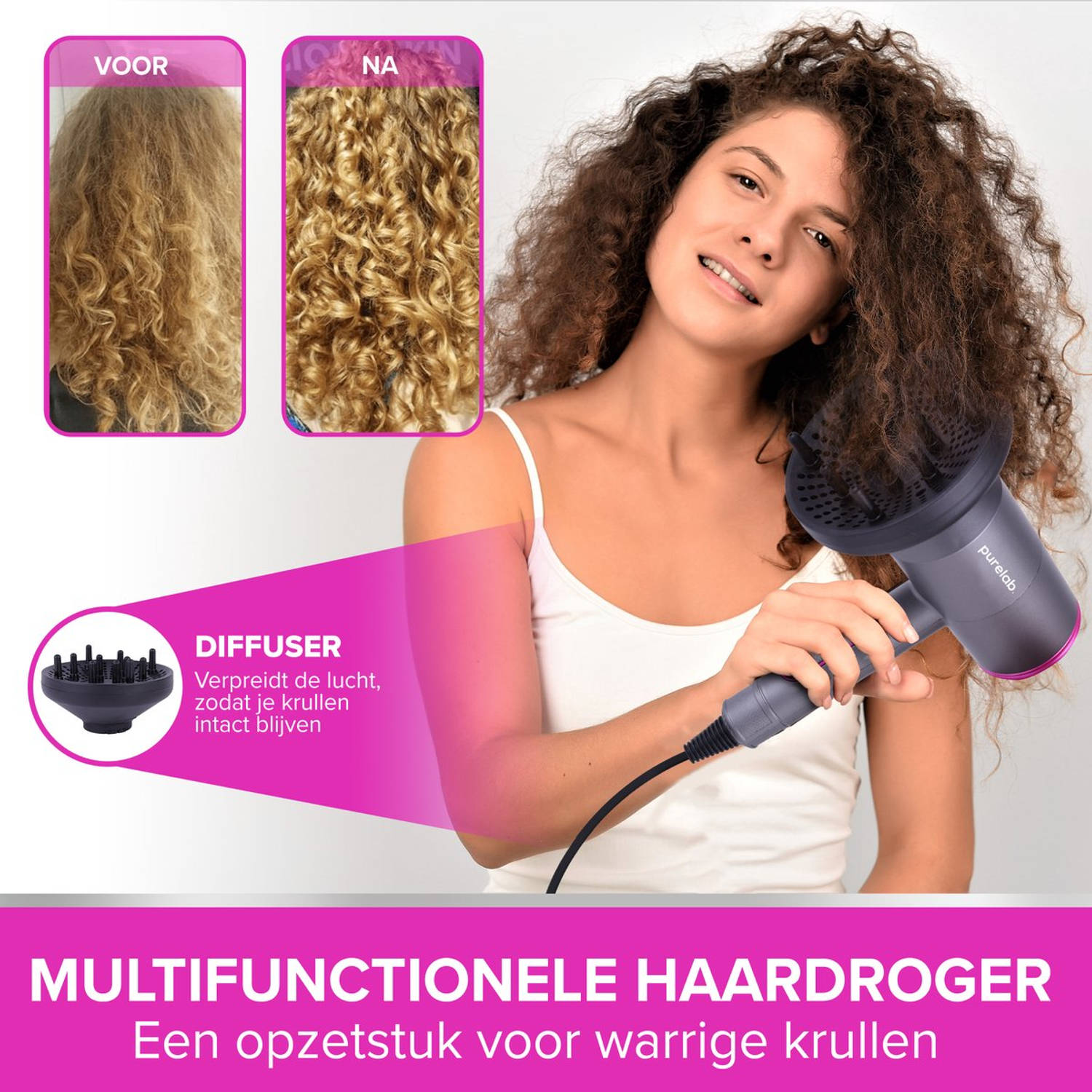 Purelab Föhn PRO - Haardroger met Diffuser - 3 Standen - Zwart | Blokker