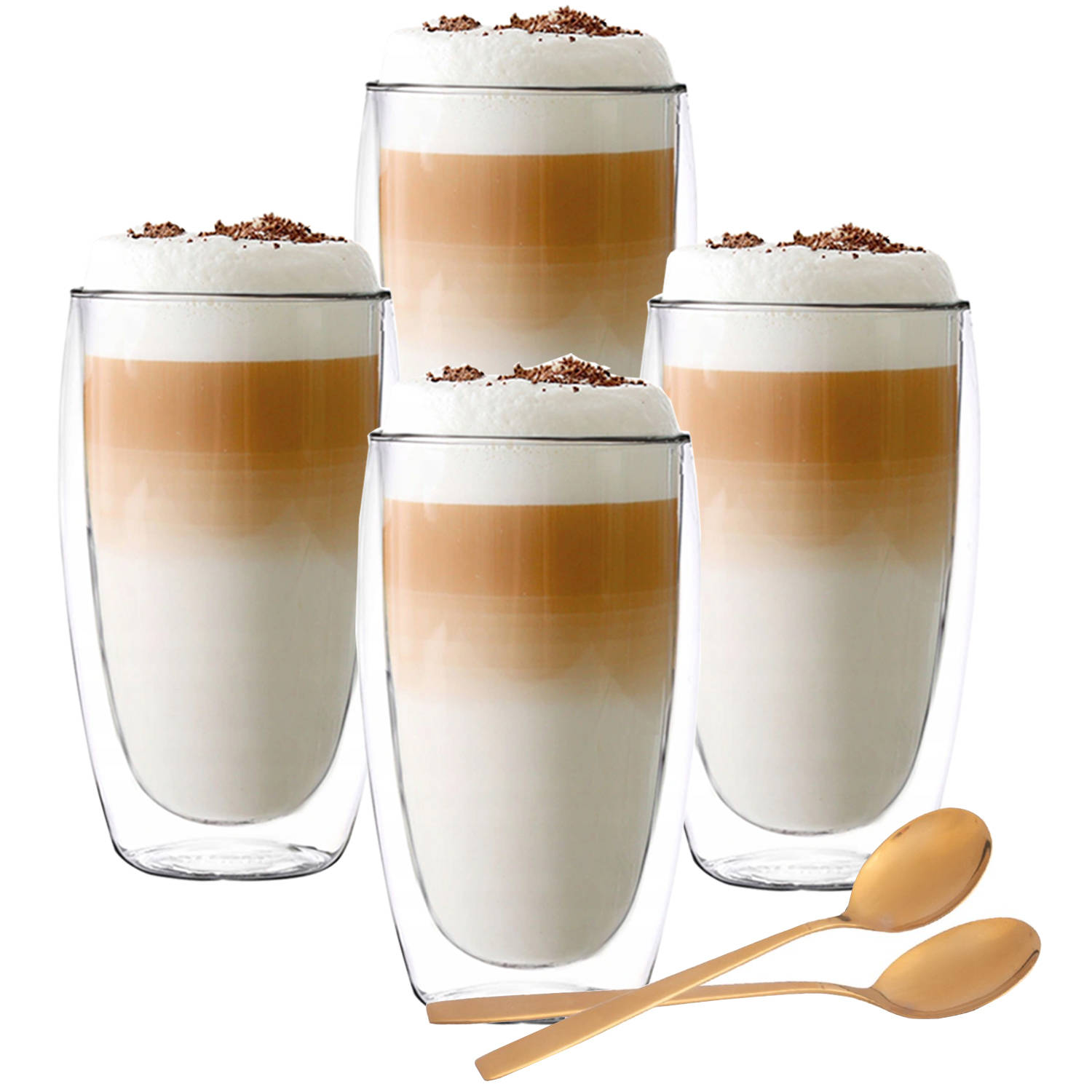 bank fusie Aardrijkskunde Luxe Latte Macchiato Glazen Dubbelwandig - Koffieglazen - Cappuccino Glazen  - Gratis Lepels - 380 ML - Set Van 4 | Blokker