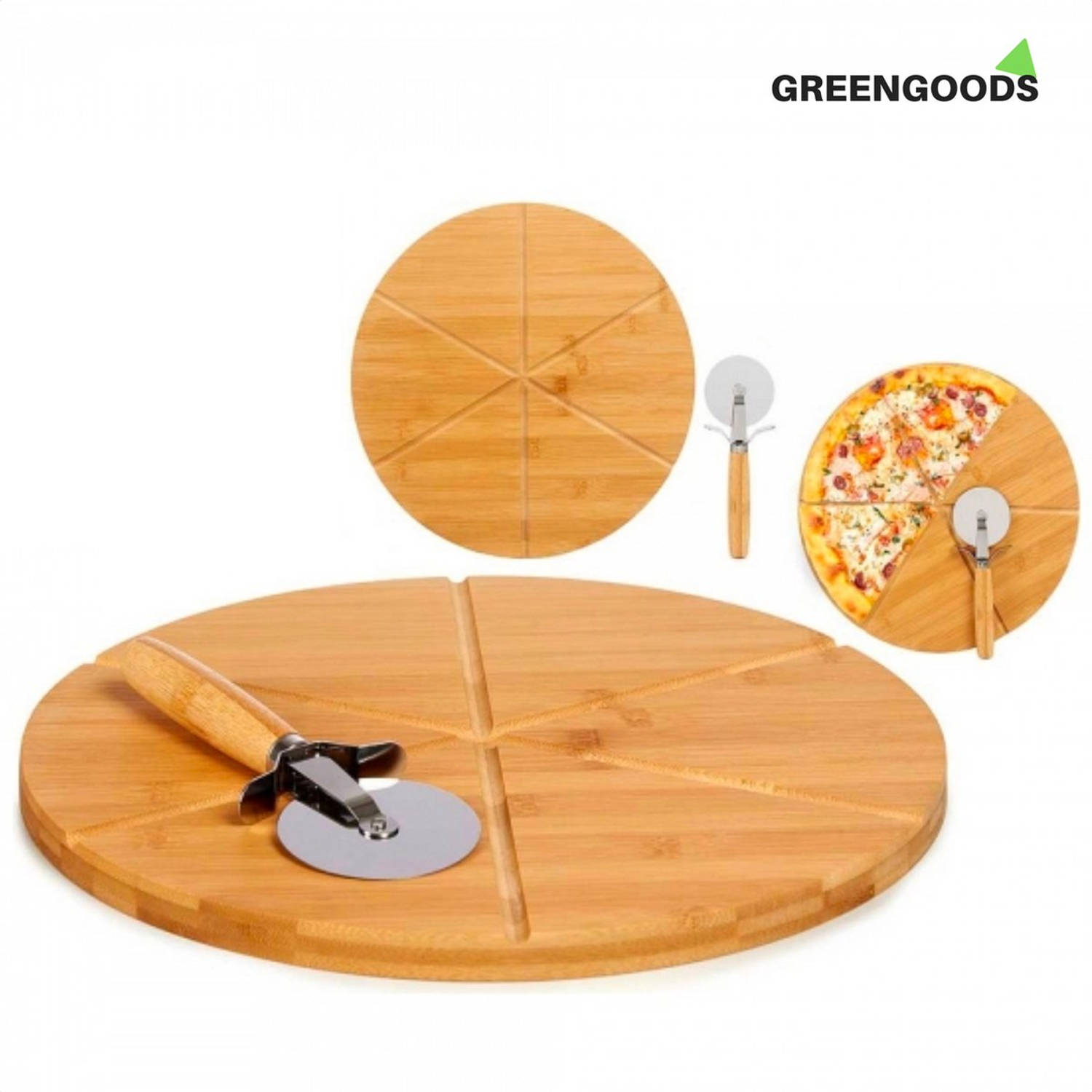 GREENGOODS Pizza snijplank bamboe natuurlijk - Pizzaplank - Pizzaborden - Pizzasnijder | Blokker