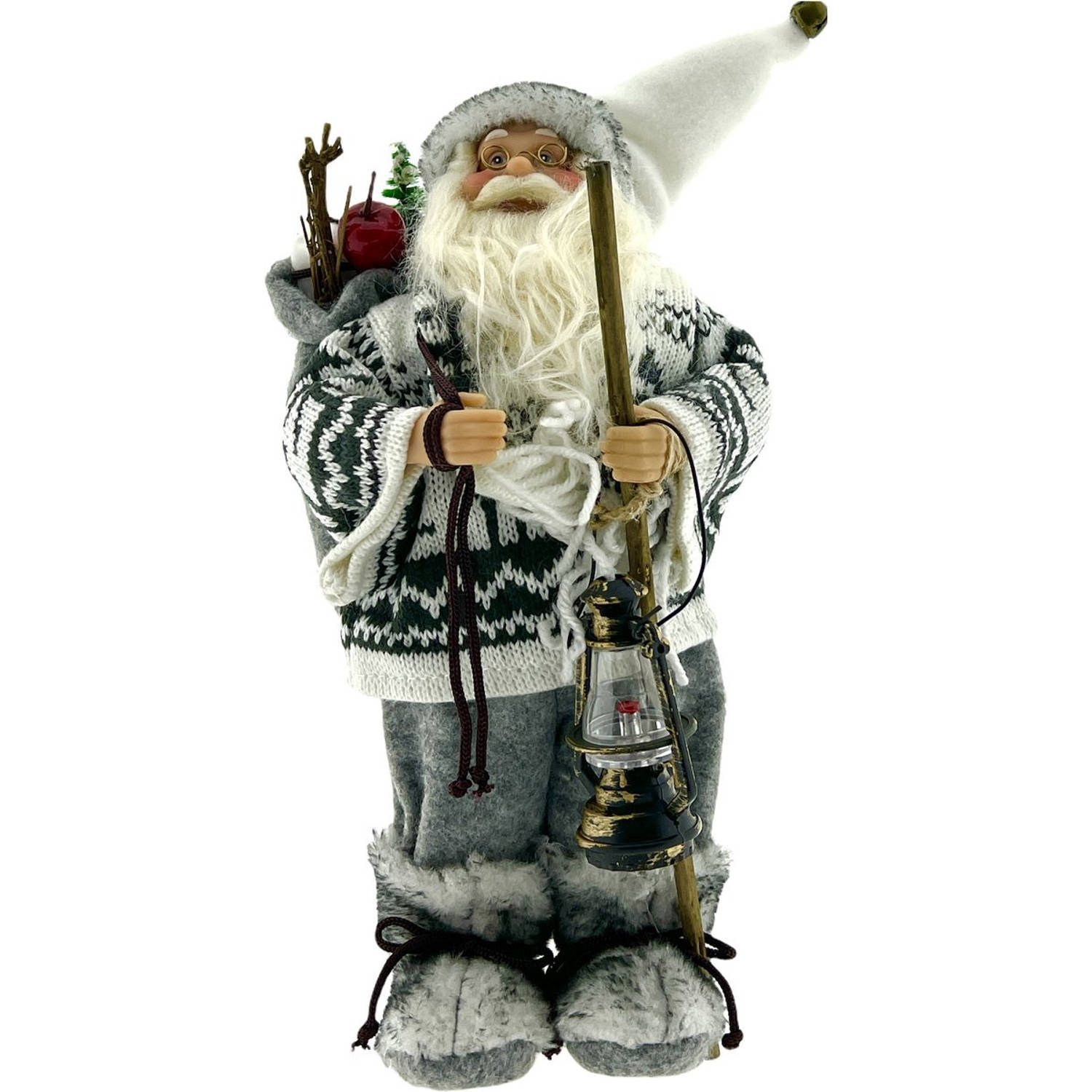 Luxe Afgewerkte Kerst Decoratie Kerstman Staand Wit/grijs 30cm