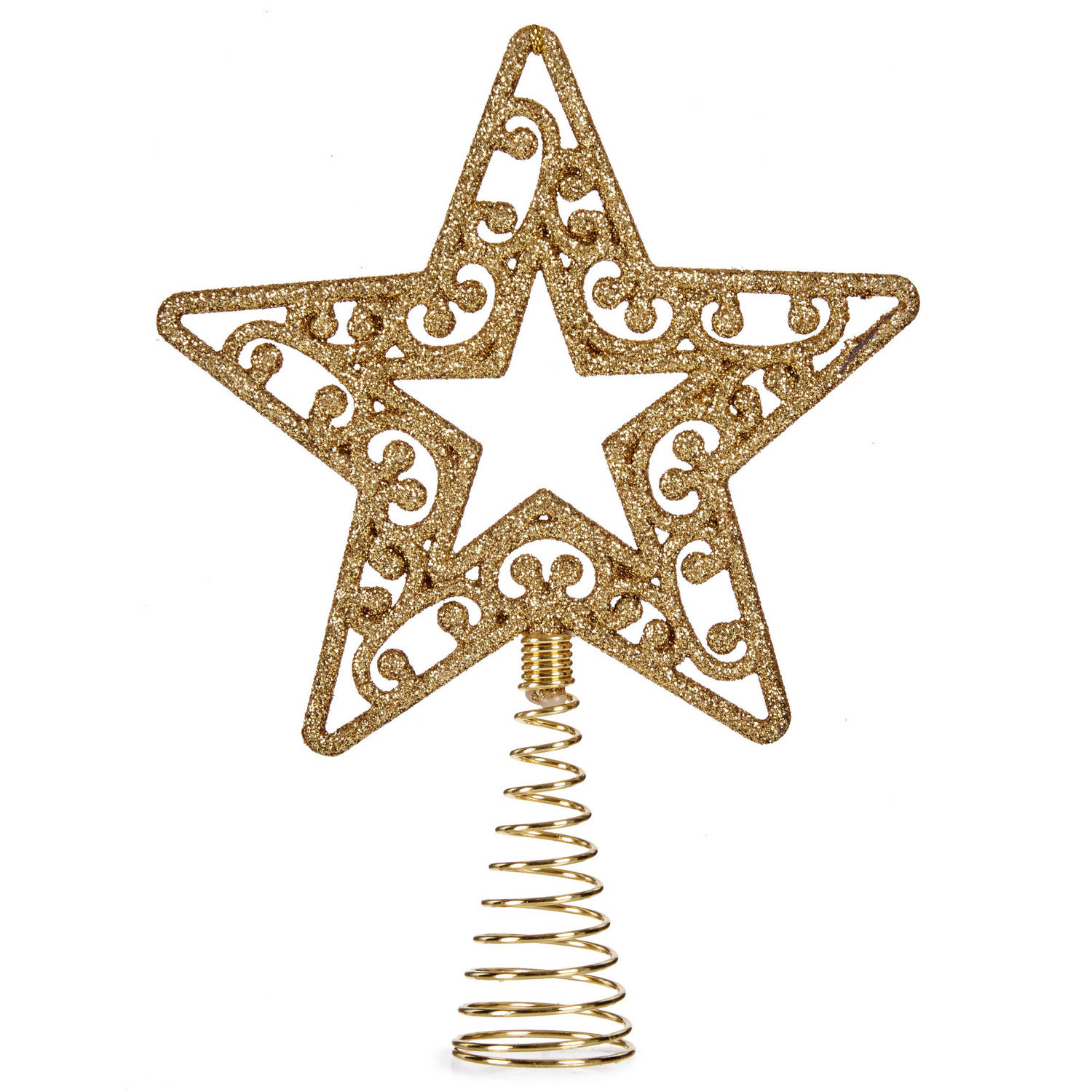 Krist+ Kerstboompiek - ster - glitter - goudkleurig - kunststof - 17 cm - kerstboompieken