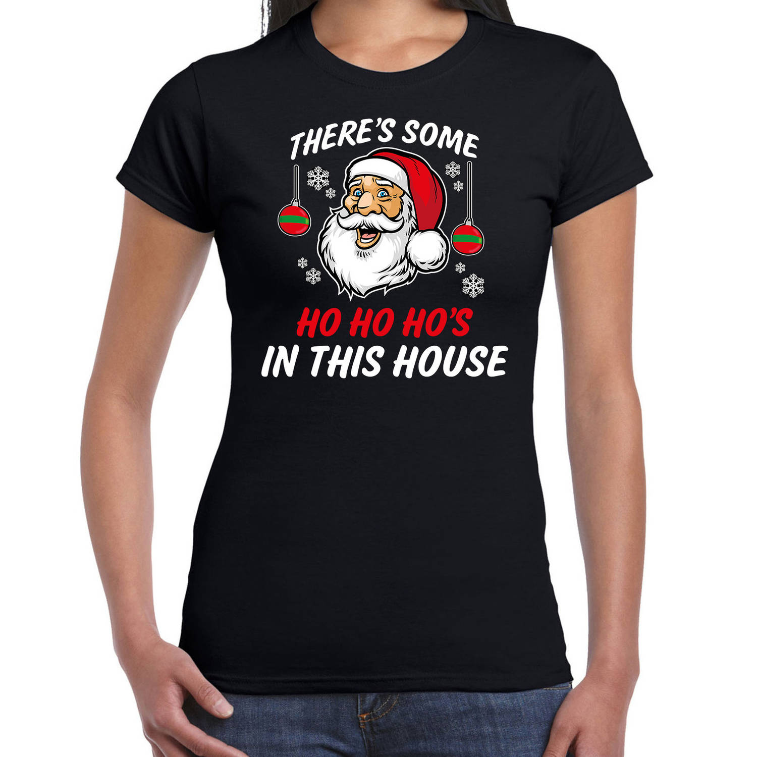 Foute humor Kerst T-shirt grappige kerstman voor dames zwart 2XL - kerst t-shirts