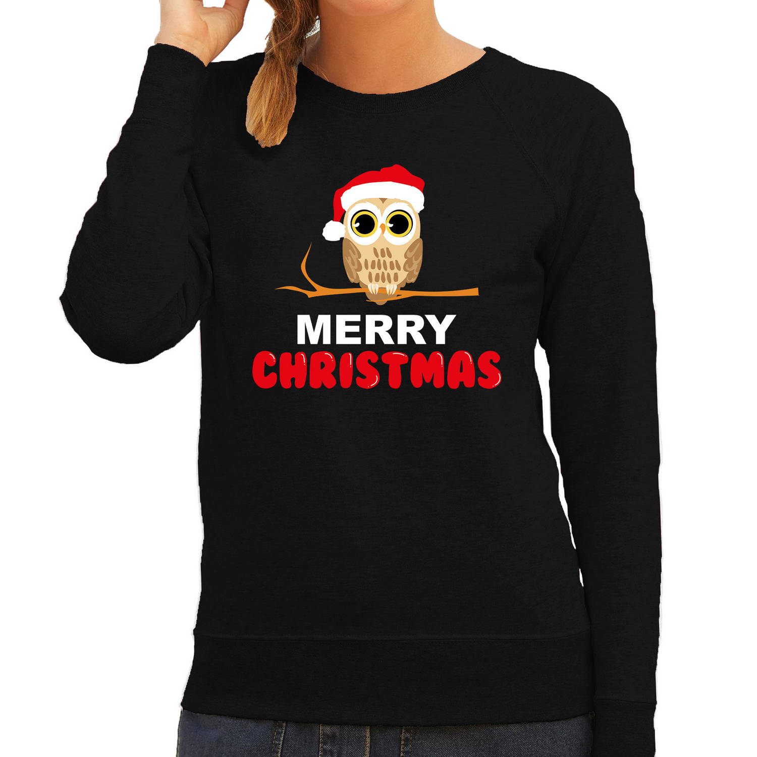 Leuke dieren Kersttrui christmas uil Kerst sweater zwart voor dames XL - kerst truien