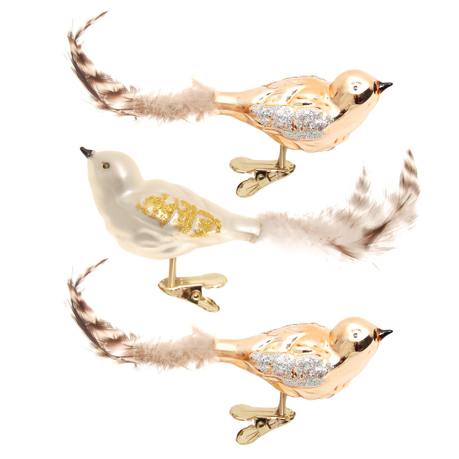 3x stuks luxe glazen decoratie vogels op clip natural velvet 11 cm - Kersthangers