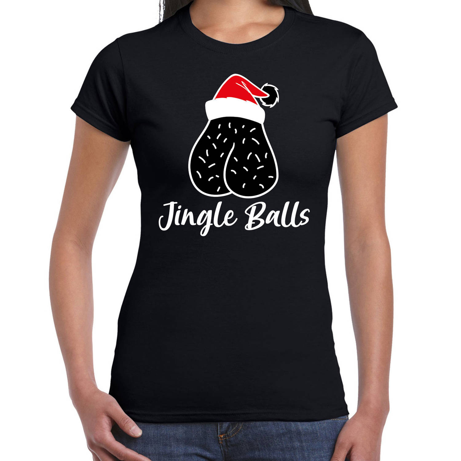 Foute humor Kerst T-shirt jingle balls voor dames zwart 2XL - kerst t-shirts