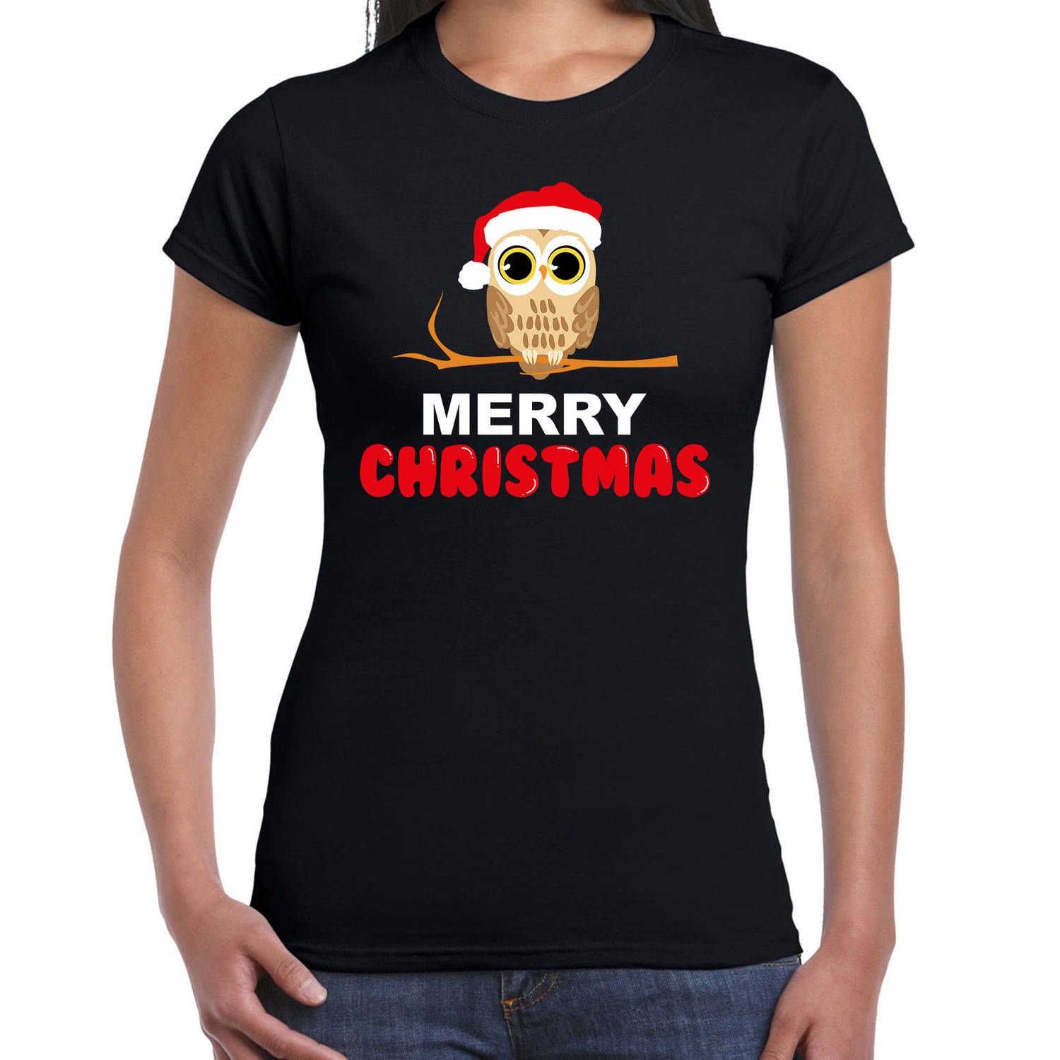 Leuk dieren Kerst T-shirt Christmas uil voor dames zwart S - kerst t-shirts