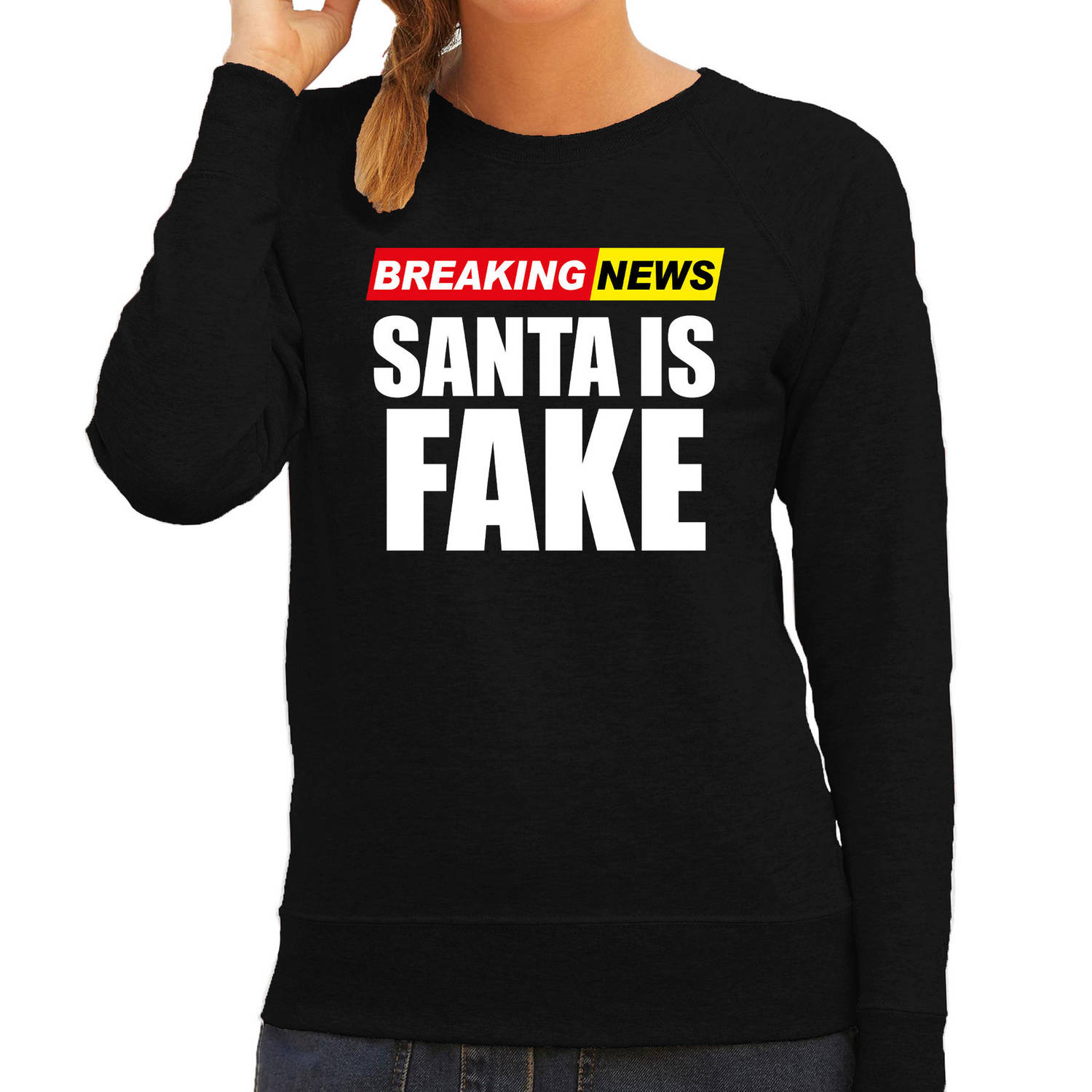 Foute humor Kersttrui breaking news fake Kerst sweater zwart voor dames XS - kerst truien
