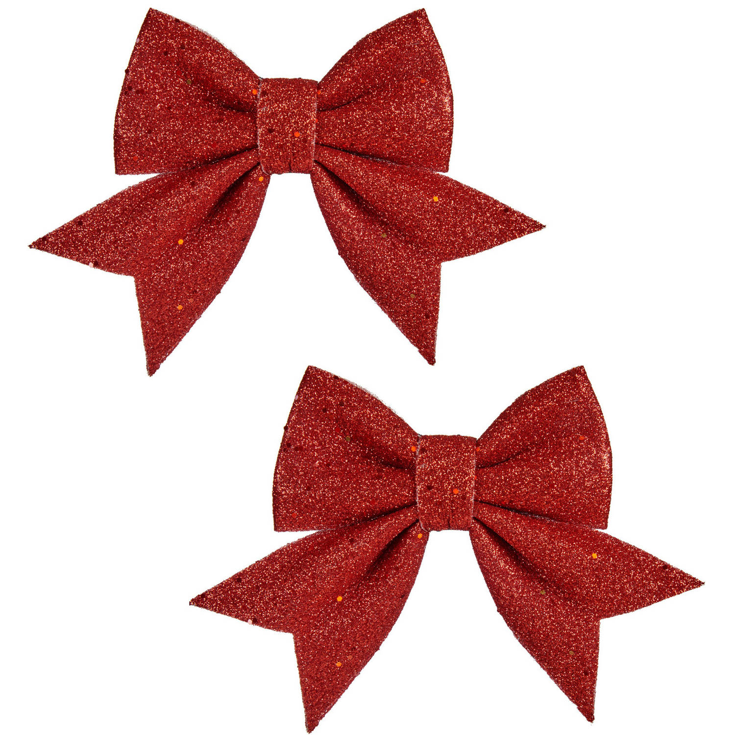2x Stuks Kerstboomversiering Kleine Ornament Strikjes/strikken Rode Glitters 14 X 12 Cm - Kersthangers