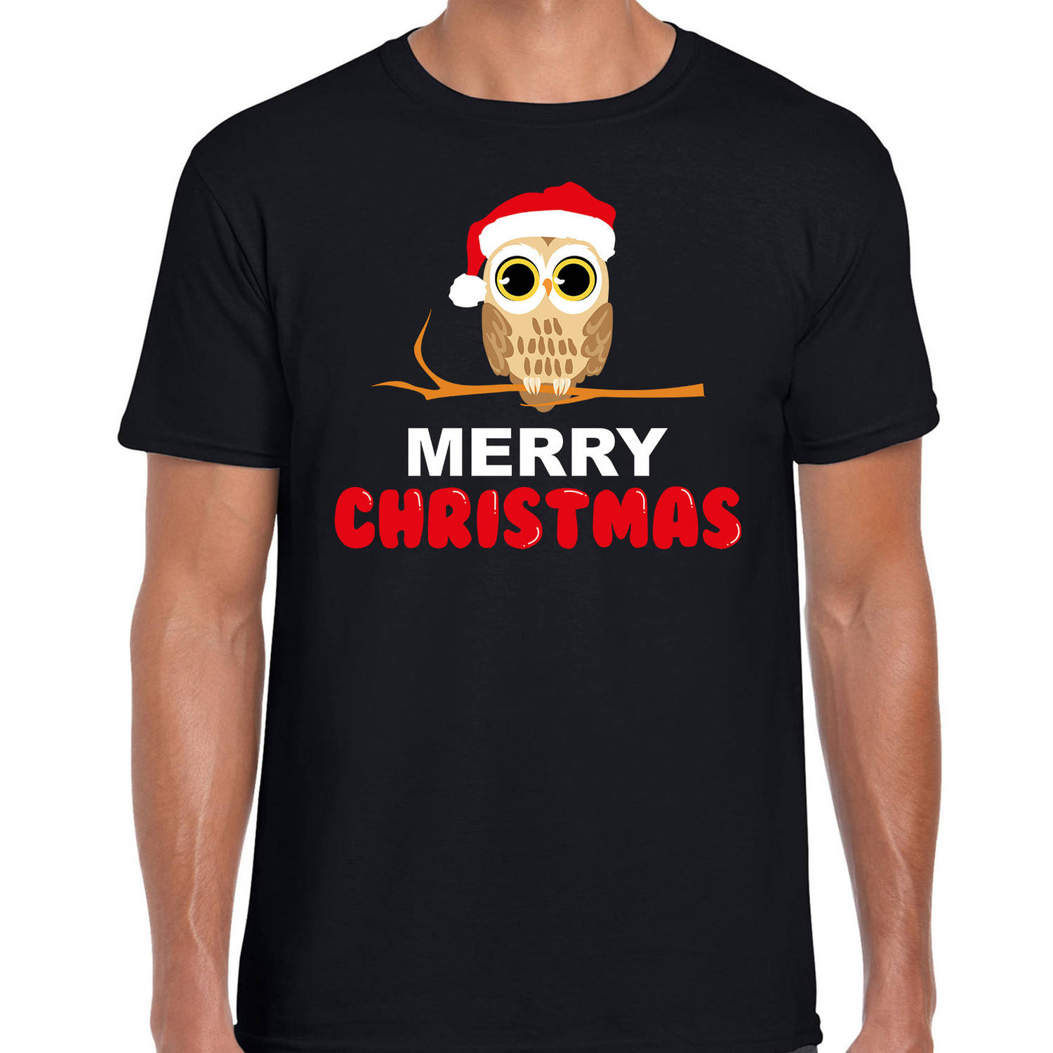 Leuk dieren Kerst t-shirt Christmas uil zwart voor heren XL - kerst t-shirts