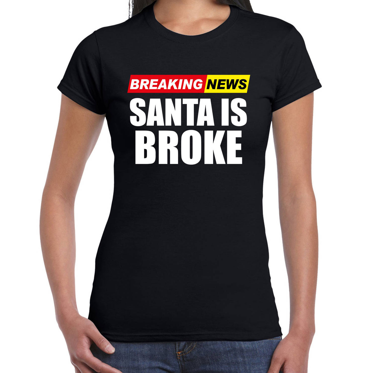Foute humor Kerst T-shirt breaking news broke voor dames zwart L - kerst t-shirts