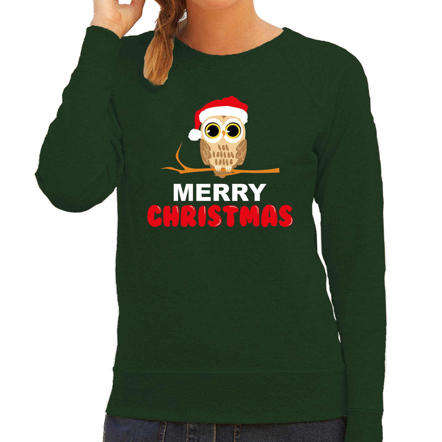 Leuke dieren Kersttrui Christmas uil Kerst sweater groen voor dames XL - kerst truien