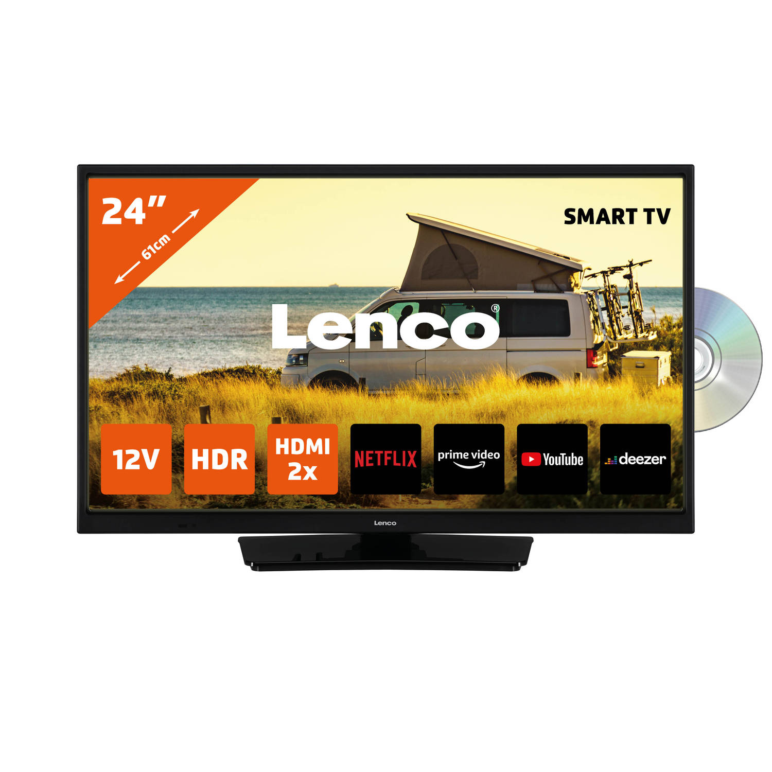 24 Smart Tv Met Ingebouwde Dvd Speler En 12v Auto Adapter Lenco Dvl-2483bk Zwart