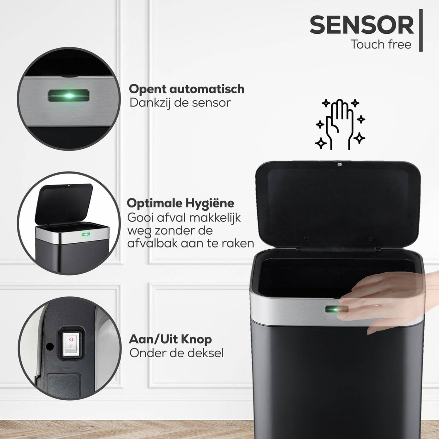 Sensor Prullenbak 60 Liter – Touch Free Afvalbak - Afvalemmer - 2x30L Keuken - | Blokker