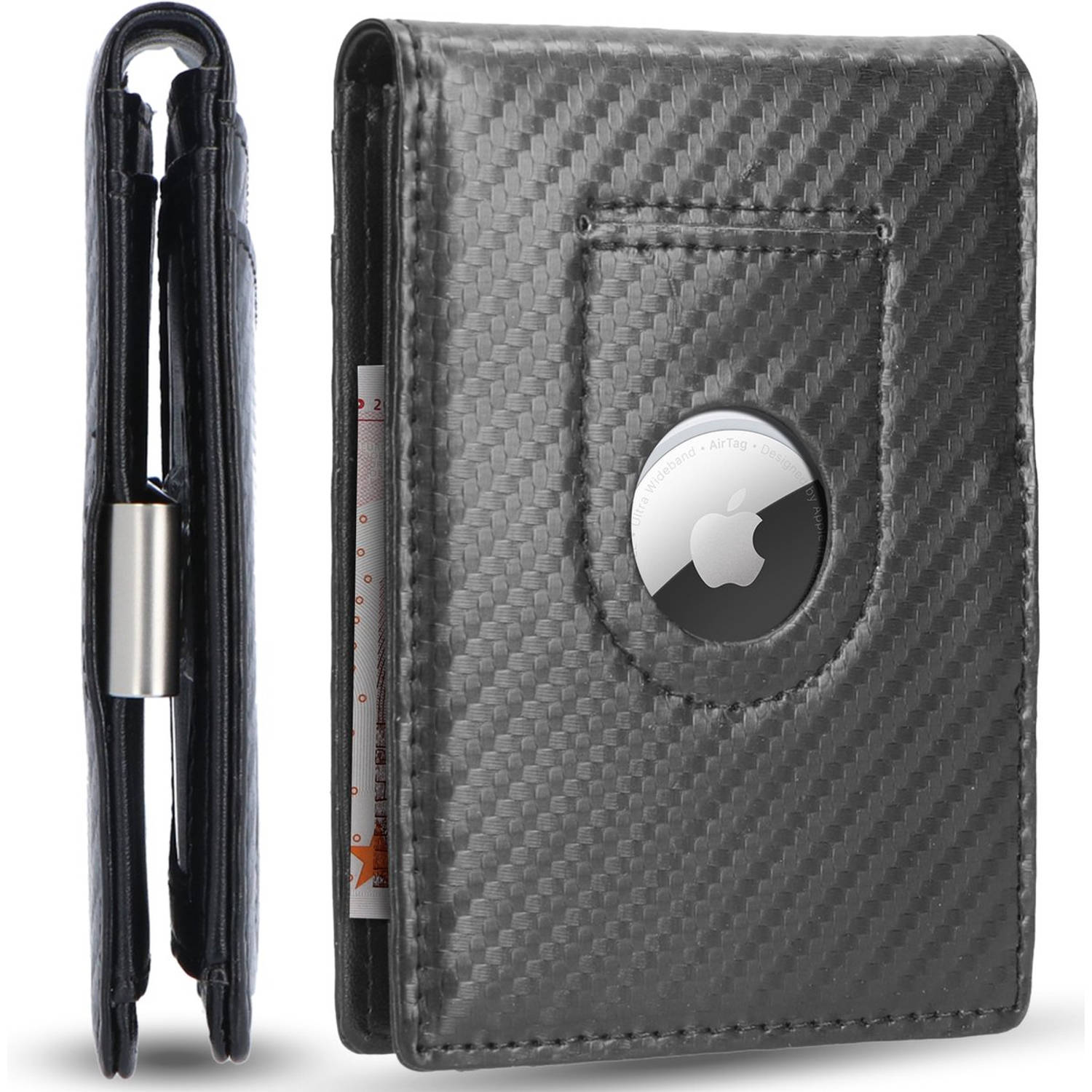 ONYX® Pasjeshouder wallet - Geschikt voor Apple AirTag - Heren Portemonnee - 11 Pasjes + Briefgeld - Carbon Leer - RFID Veilig - Zwart