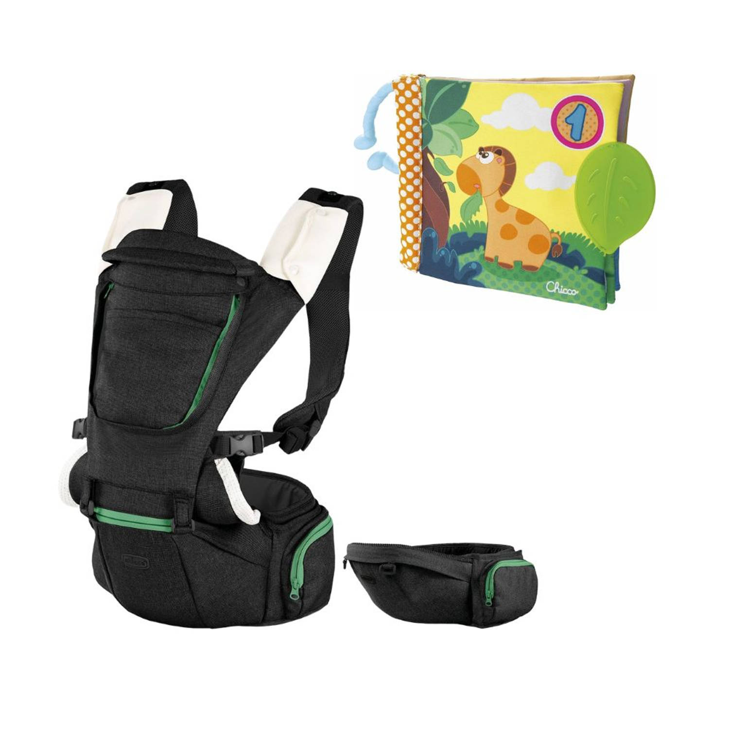 Chicco Bundel Draagzak Hip Seat Black & Babyboekje Junior 19 X 19 Cm Polyester Geel-groen