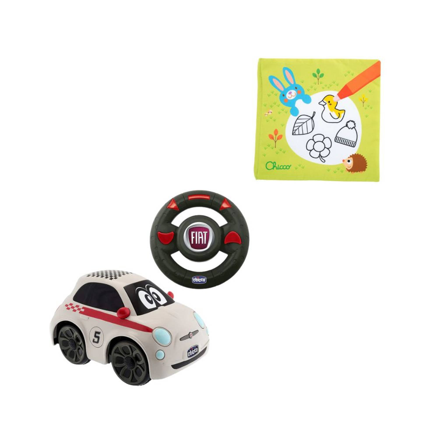 Chicco Bundel Fiat 500 Bestuurbare Speelgoedauto & Babyboekje Kleuren Met Water Seizoenen