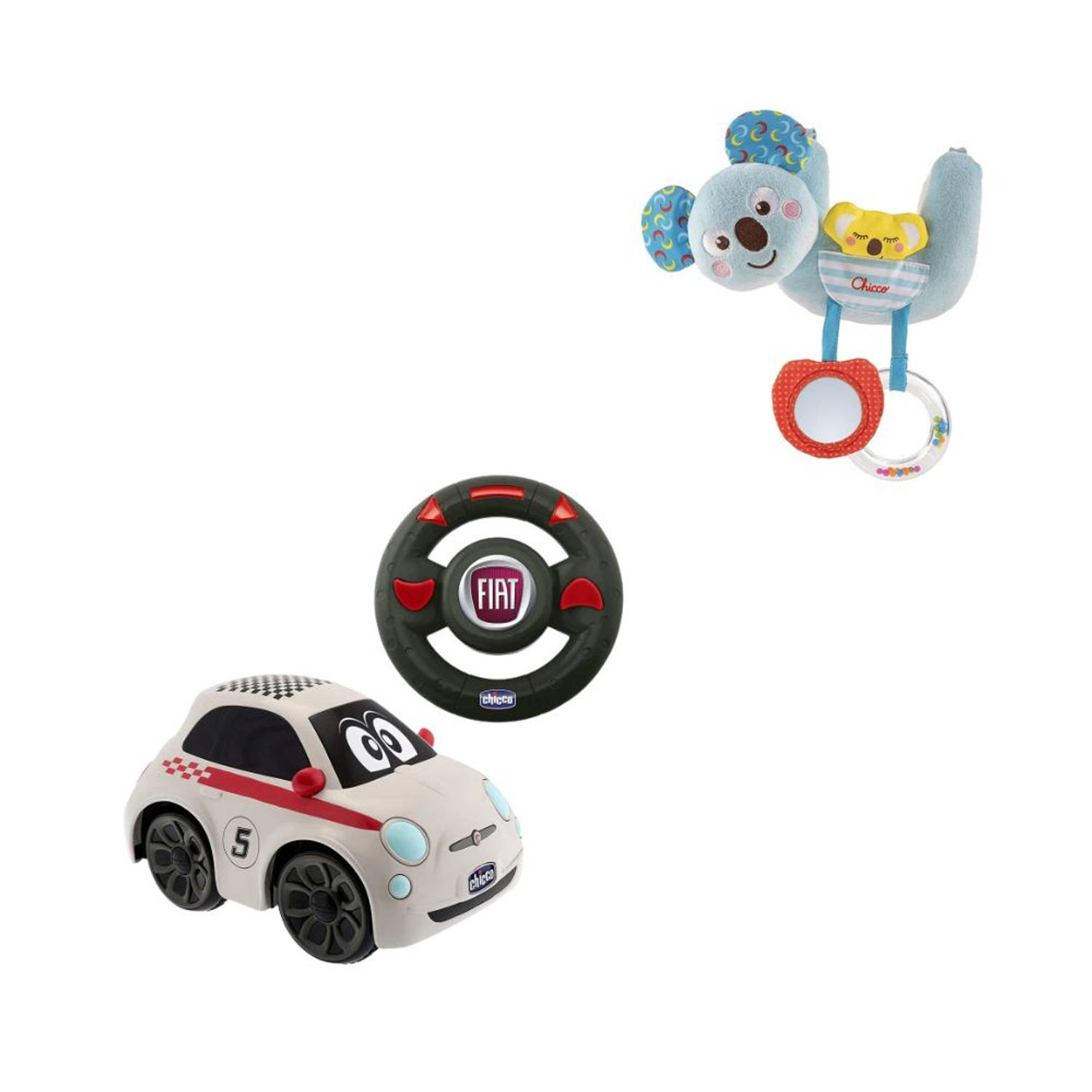 Chicco bundel - Fiat 500 - Bestuurbare Speelgoedauto & Rammelaar - Koalabeer - Te bevestigen aan kinderwagen