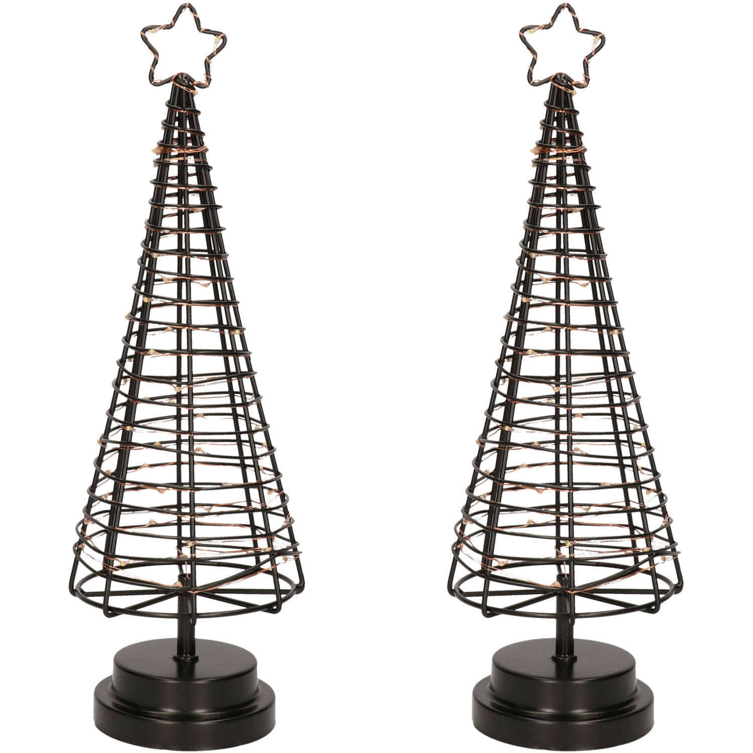 Set van 2x stuks verlichte zwarte 3D lichtboompjes/metalen boompjes/kerstboompjes 45 leds 36 cm - kerstverlichting figuu
