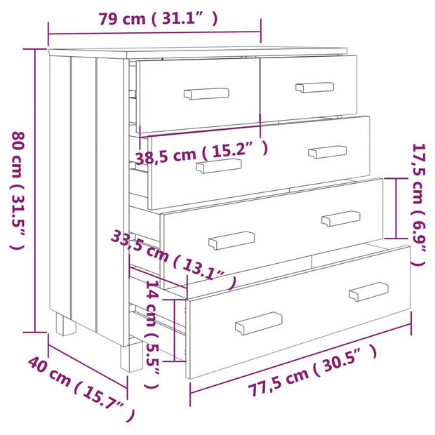 vidaXL Dressoir HAMAR 79x40x80 cm massief grenenhout lichtgrijs