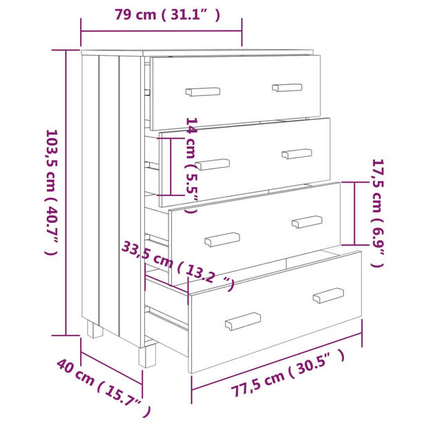 The Living Store HAMAR Dressoir - 79 x 40 x 103.5 cm - Massief Grenenhout - 4 lades