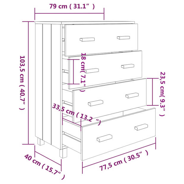 vidaXL Dressoir HAMAR 79x40x103,5 cm massief grenenhout lichtgrijs