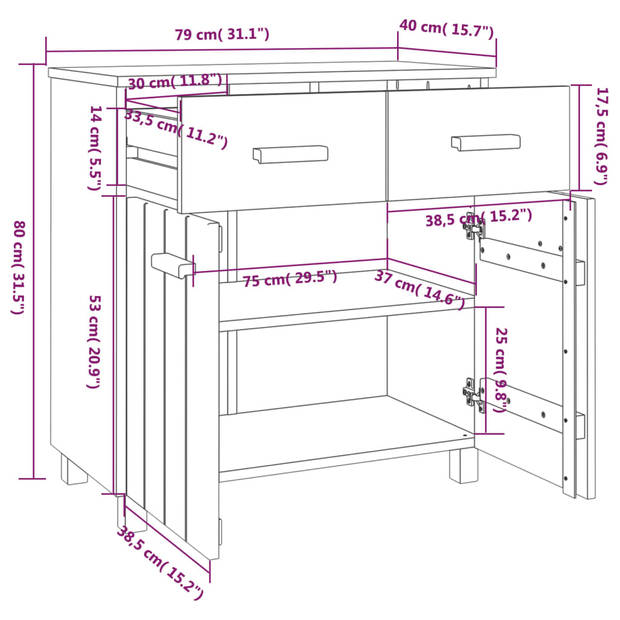 vidaXL Dressoir HAMAR 79x40x80 cm massief grenenhout lichtgrijs