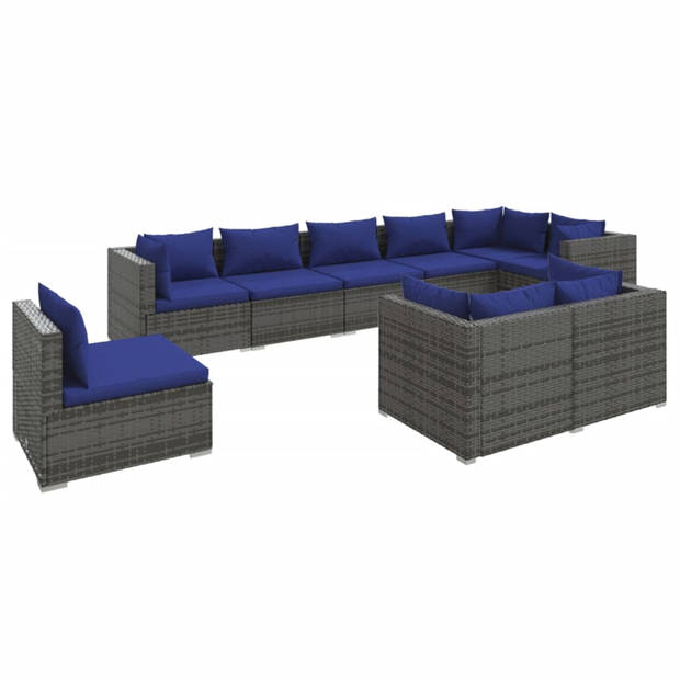 vidaXL 9-delige Loungeset met kussens poly rattan grijs