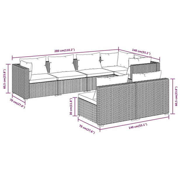 vidaXL 7-delige Loungeset met kussens poly rattan grijs