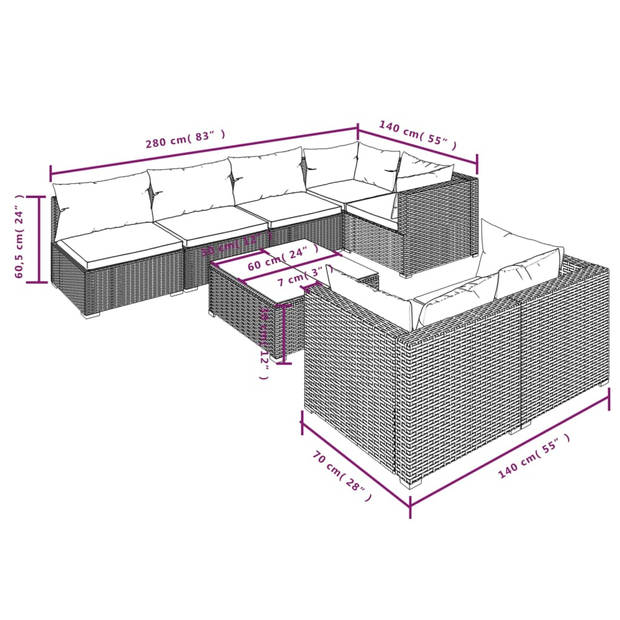 vidaXL 8-delige Loungeset met kussens poly rattan bruin