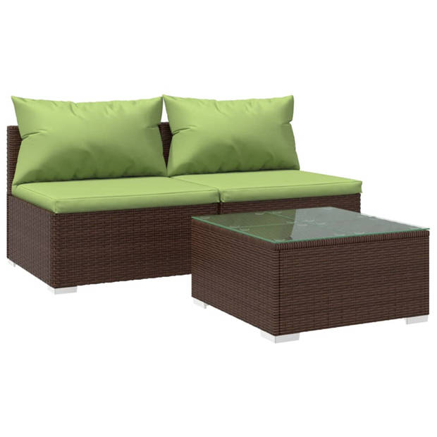 vidaXL 3-delige Loungeset met kussens poly rattan bruin