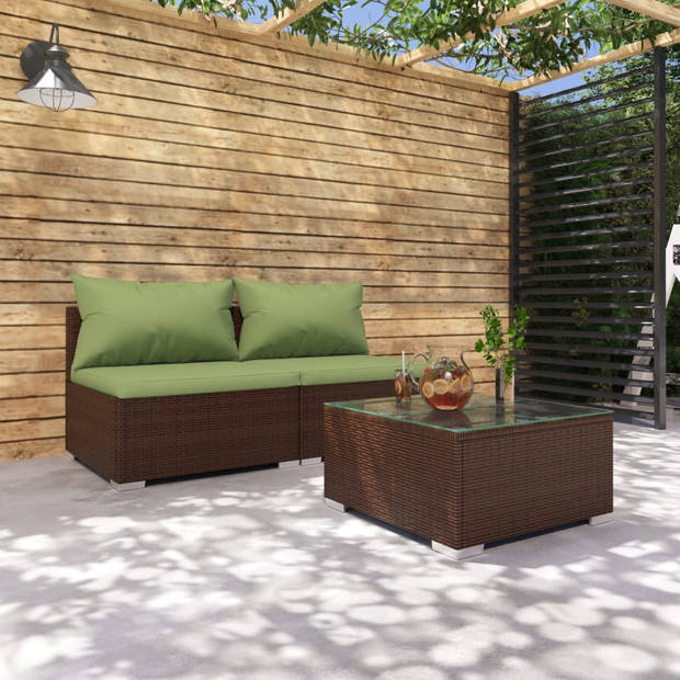 vidaXL 3-delige Loungeset met kussens poly rattan bruin