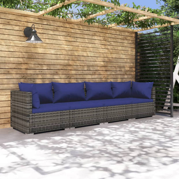 vidaXL 4-delige Loungeset met kussens poly rattan grijs