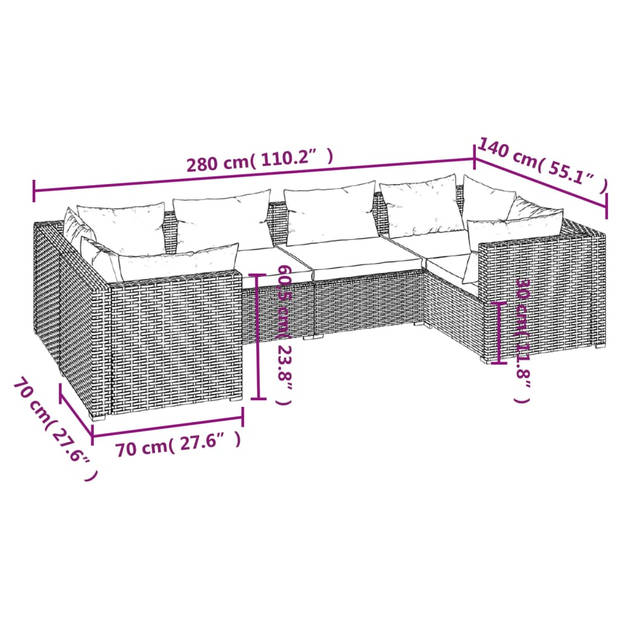 vidaXL 6-delige Loungeset met kussens poly rattan bruin