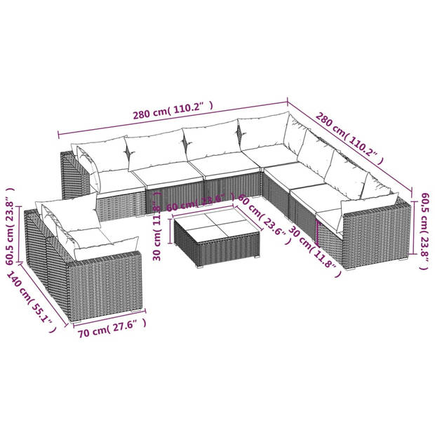 The Living Store Loungeset Poly Rattan - Grijs - 60x60x30 cm - Waterbestendig - Modulair Design - Comfortabele kussens