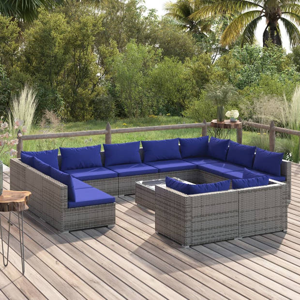 vidaXL 12-delige Loungeset met kussens poly rattan grijs