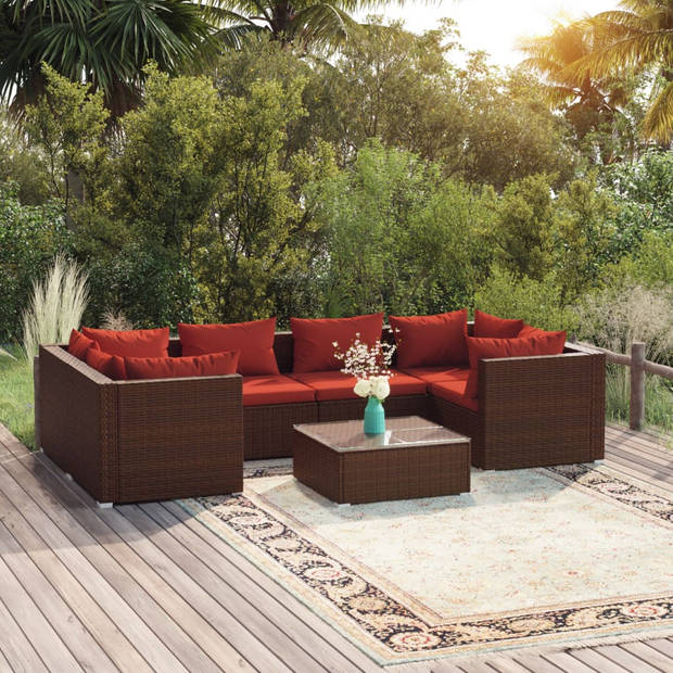 vidaXL 7-delige Loungeset met kussens poly rattan bruin