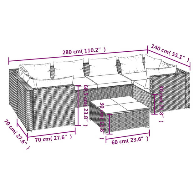 vidaXL 7-delige Loungeset met kussens poly rattan bruin