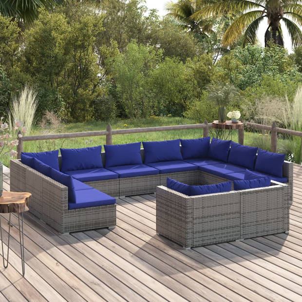 vidaXL 11-delige Loungeset met kussens poly rattan grijs