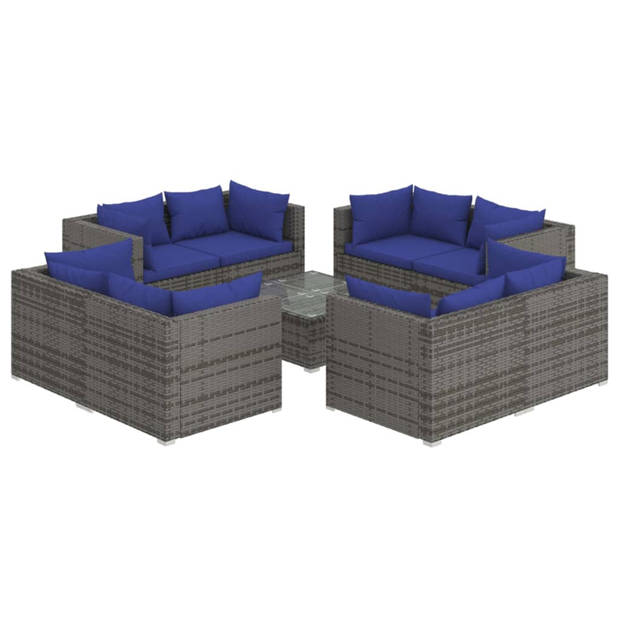 vidaXL 9-delige Loungeset met kussens poly rattan grijs