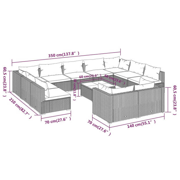 The Living Store Loungeset - PE-rattan - 7 middenbank + 4 hoekbank + tafel - Grijs - 70x70x60.5cm - Comfortabele