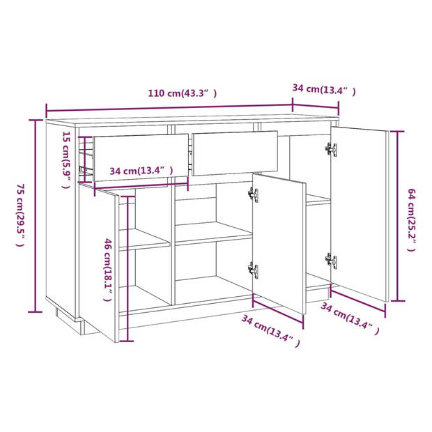 The Living Store Dressoir Grenenhout - 110 x 34 x 75 cm - 2 lades en 3 deuren