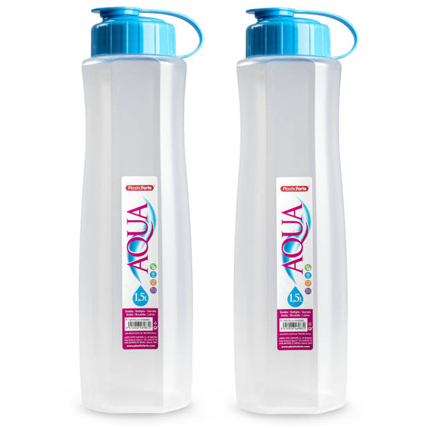 2x stuks kunststof waterflessen 1500 ml transparant met dop blauw - Drinkflessen