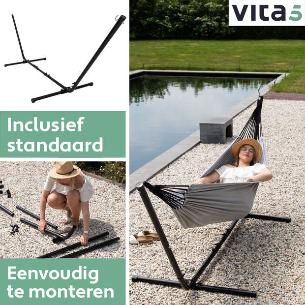 Vita5 Hangmat met Standaard – 2 Persoons – Verstelbare Lengte – Incl. Draagtas – Draaggewicht 205 kg – Grijs