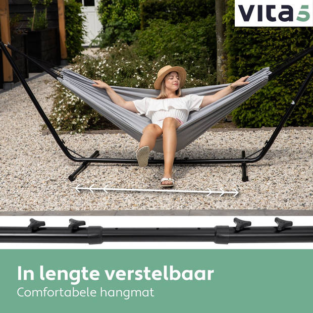 Vita5 Hangmat met Standaard – 2 Persoons – Verstelbare Lengte – Incl. Draagtas – Draaggewicht 205 kg – Grijs