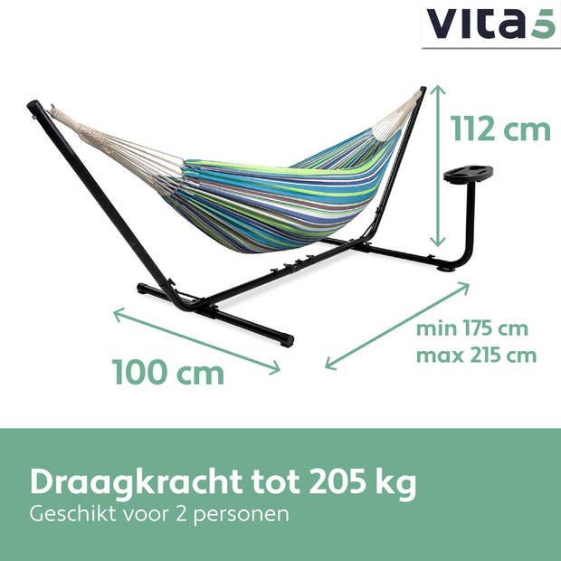 Vita5 Hangmat met Standaard – 2 Persoons – Incl. Bekerhouder – 205kg Draaggewicht – Groen/Blauw