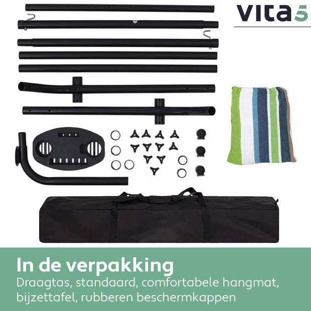 Vita5 Hangmat met Standaard – 2 Persoons – Incl. Bekerhouder – 205kg Draaggewicht – Groen/Blauw