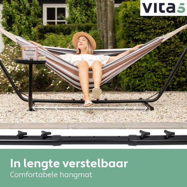 Vita5 Hangmat met Standaard 2 Persoons - Incl. Bekerhouder - Draaggewicht 205 kg - Blauw Wit Bruin -