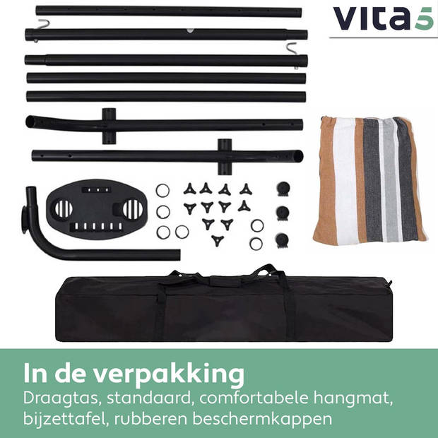 Vita5 Hangmat met Standaard 2 Persoons - Incl. Bekerhouder - Draaggewicht 205 kg - Blauw Wit Bruin -